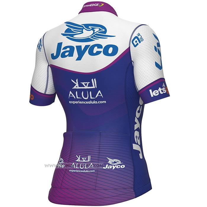 2023 Maillot Cyclisme Femme Jayco Alula Violet Blanc Manches Courtes et Cuissard
